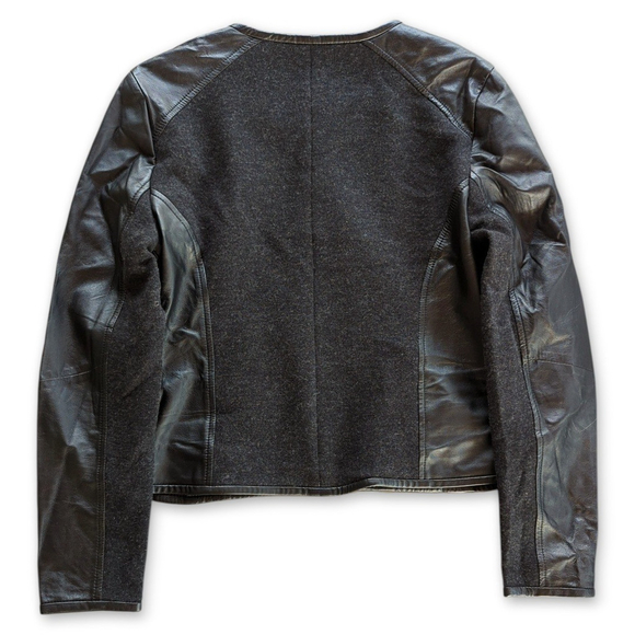 Eileen Fisher Wool Jacket Leather Sleeves Black Sz S Petite - Picture 3 of 8